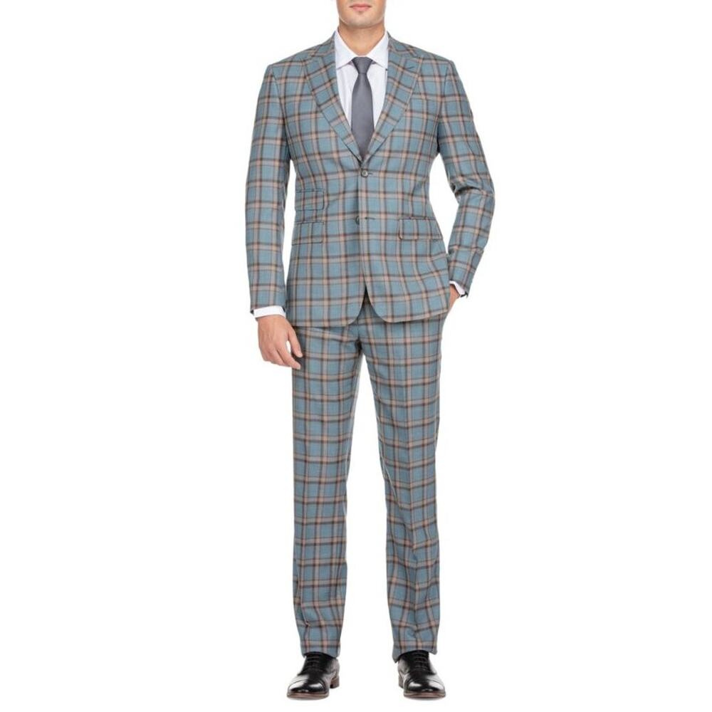 $795 NWT English Laundry Teal Slim Fit Plaid Window Pane Wool Blend Suit 38 R
